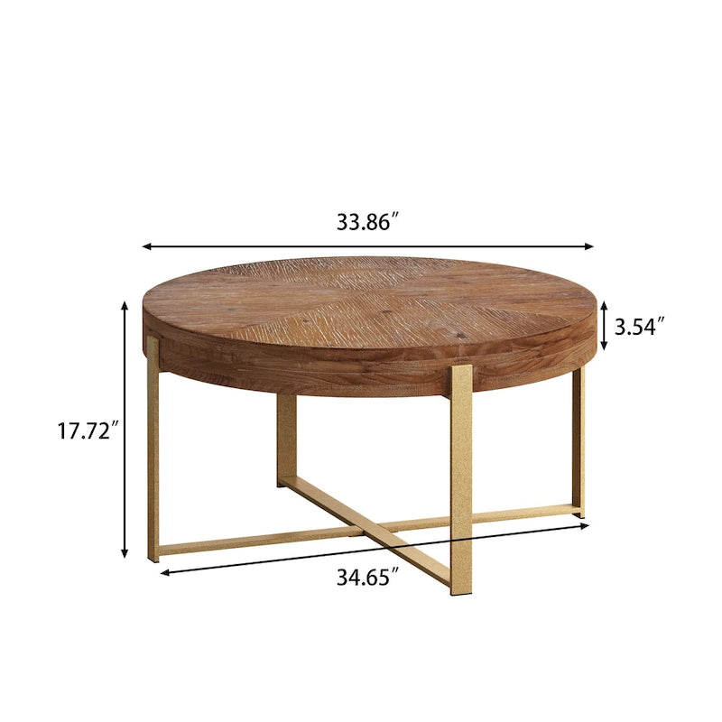 Table basse ronde avec plateau en bois et pieds croisés en métal
