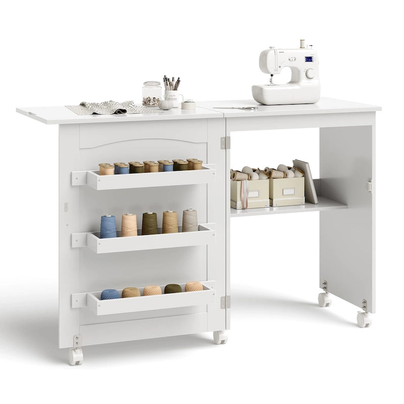 Table de couture pliante avec étagères de rangement et armoire - Blanc