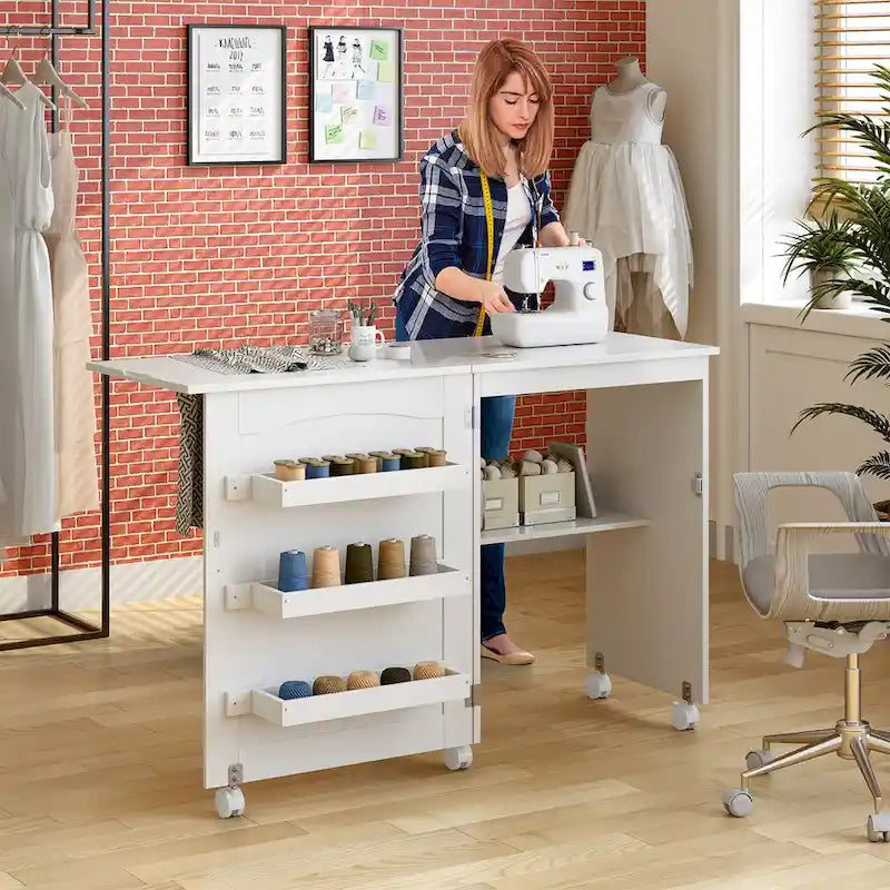 Table de couture pliante avec étagères de rangement et armoire - Blanc