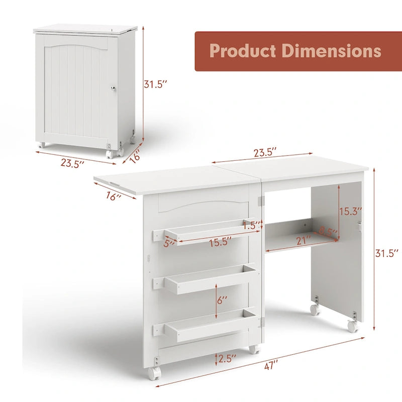 Table de couture pliante avec étagères de rangement et armoire - Blanc