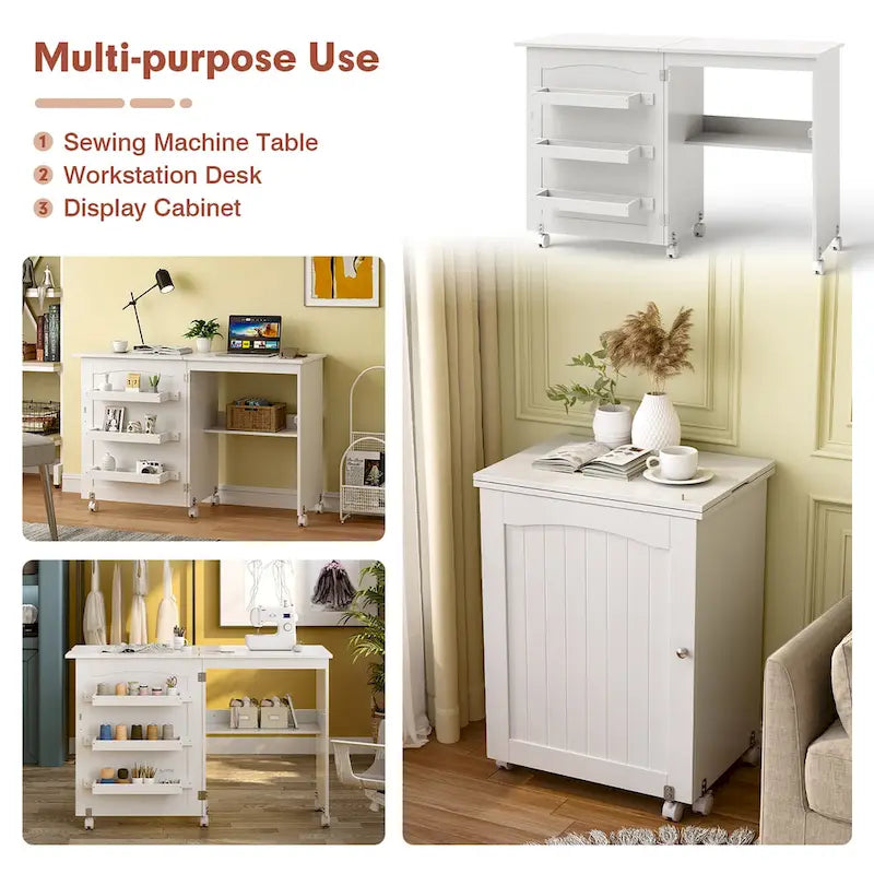 Table de couture pliante avec étagères de rangement et armoire - Blanc
