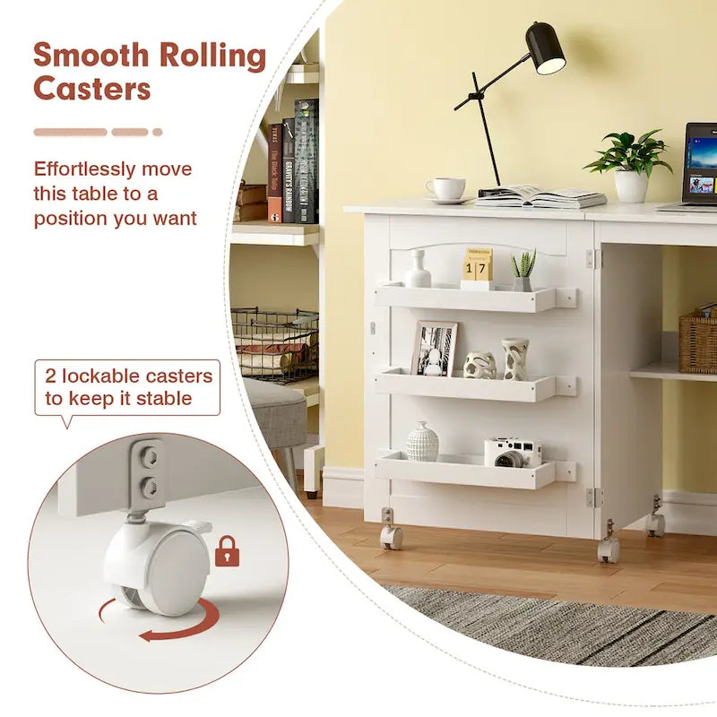 Table de couture pliante avec étagères de rangement et armoire - Blanc