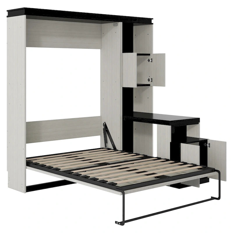 Lit escamotable grand format avec étagères de rangement, armoire et bureau intégré
