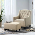 Fauteuil club en tissu touffeté beige clair avec pouf
