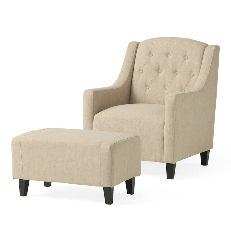 Fauteuil club en tissu touffeté beige clair avec pouf