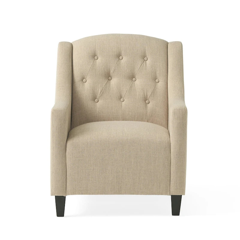 Fauteuil club en tissu touffeté beige clair avec pouf