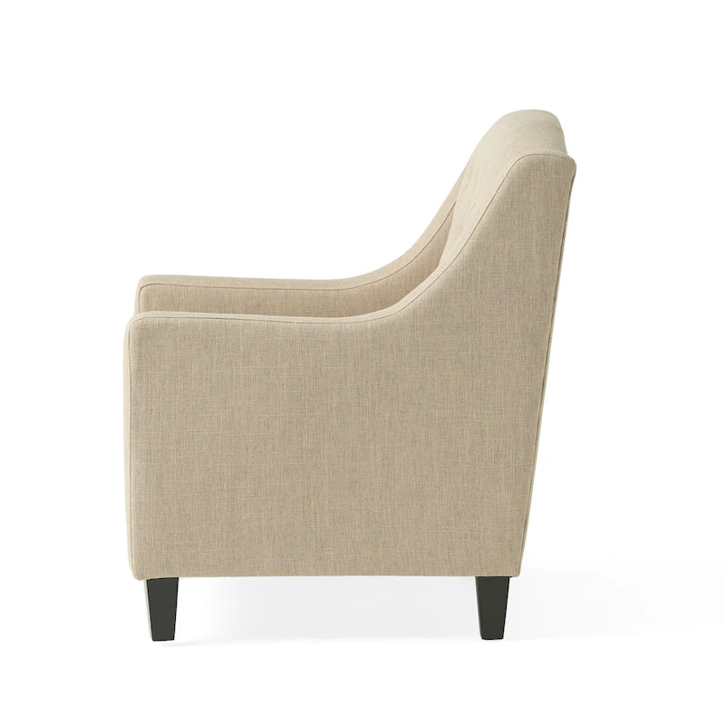 Fauteuil club en tissu touffeté beige clair avec pouf