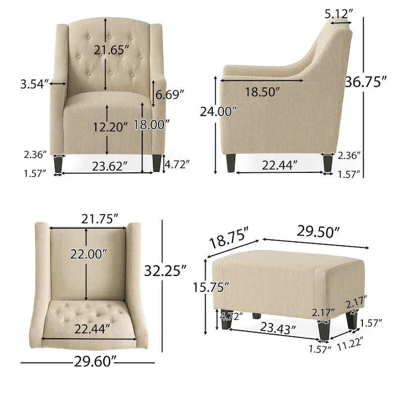 Fauteuil club en tissu touffeté beige clair avec pouf