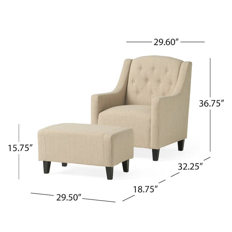 Fauteuil club en tissu touffeté beige clair avec pouf