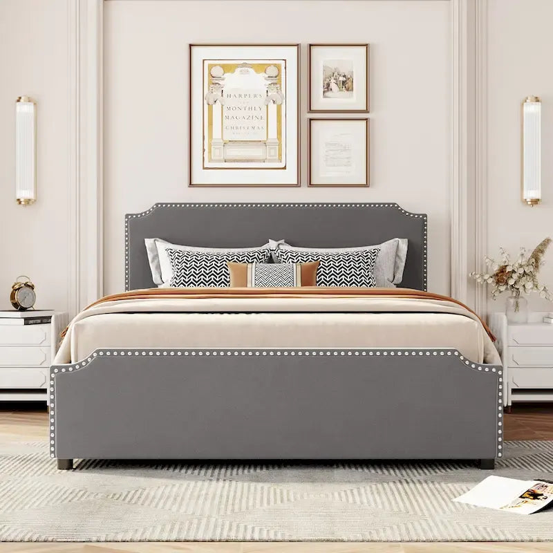 Lit plateforme rembourré avec tête de lit capitonnée, pied de lit et 4 tiroirs de rangement – Tissu velours, sommier tapissier non requis