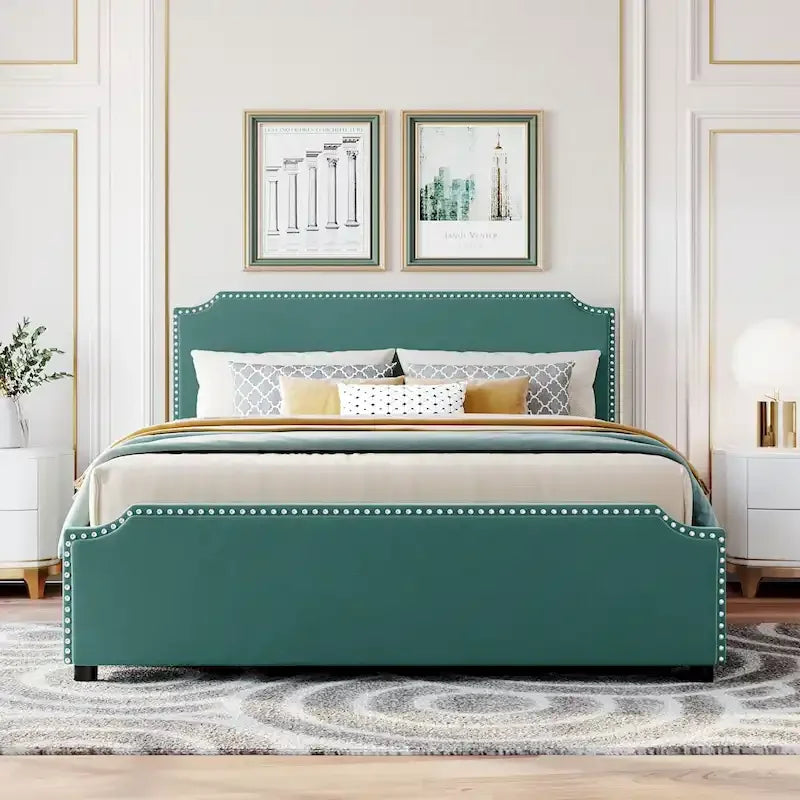 Lit plateforme rembourré avec tête de lit capitonnée, pied de lit et 4 tiroirs de rangement – Tissu velours, sommier tapissier non requis
