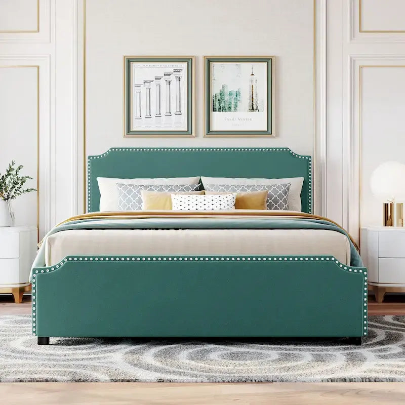 Lit plateforme rembourré avec tête de lit capitonnée, pied de lit et 4 tiroirs de rangement – Tissu velours, sommier tapissier non requis