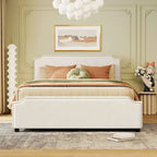 Lit plateforme rembourré avec tête de lit capitonnée, pied de lit et 4 tiroirs de rangement – Tissu velours, sommier tapissier non requis