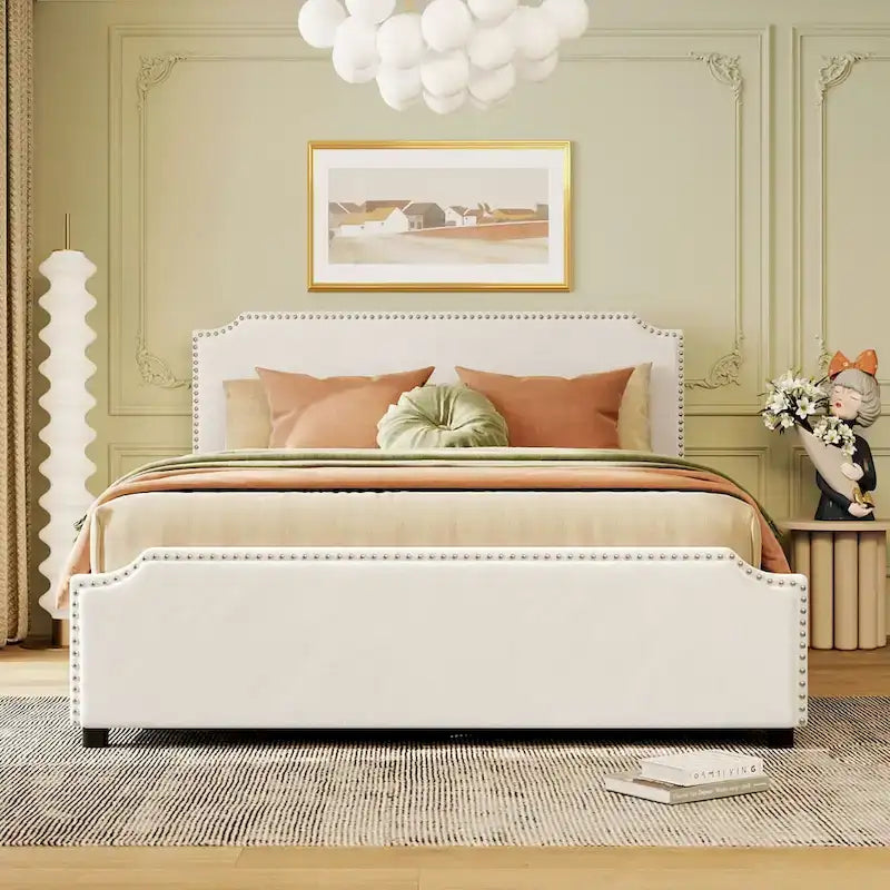 Lit plateforme rembourré avec tête de lit capitonnée, pied de lit et 4 tiroirs de rangement – Tissu velours, sommier tapissier non requis