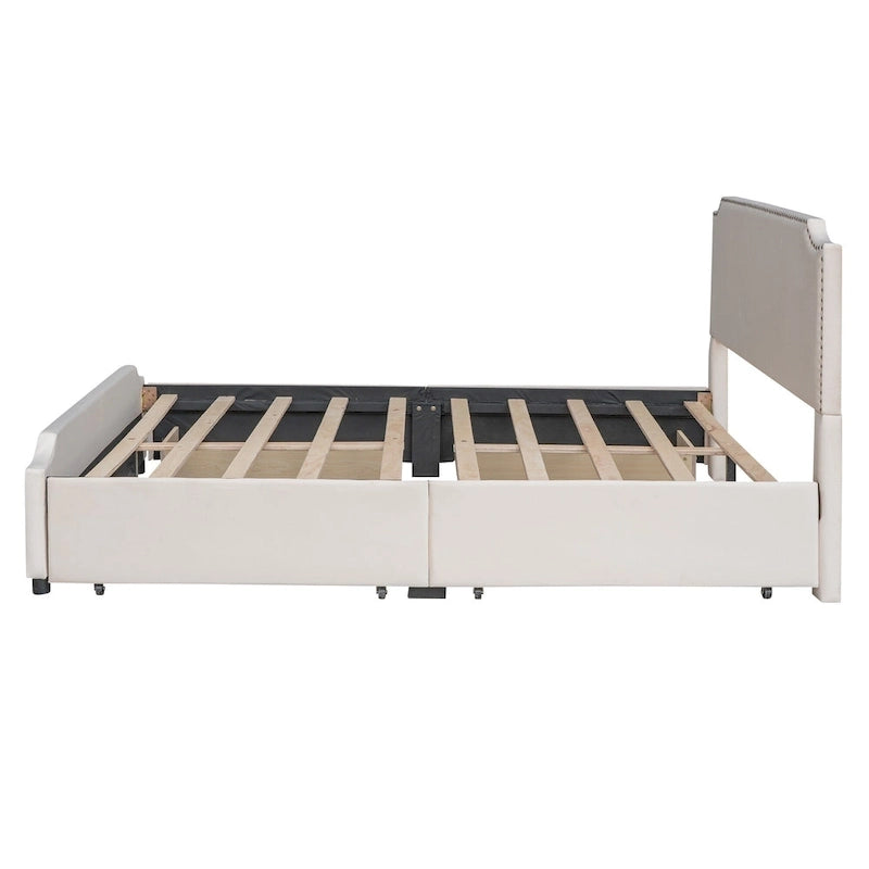 Lit plateforme rembourré avec tête de lit capitonnée, pied de lit et 4 tiroirs de rangement – Tissu velours, sommier tapissier non requis