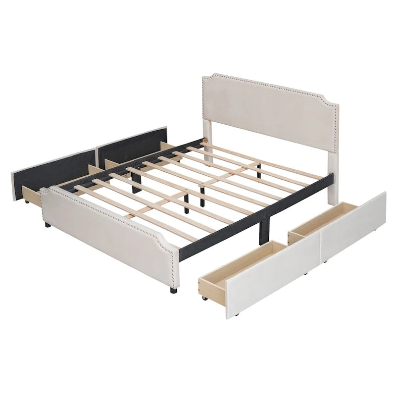 Lit plateforme rembourré avec tête de lit capitonnée, pied de lit et 4 tiroirs de rangement – Tissu velours, sommier tapissier non requis