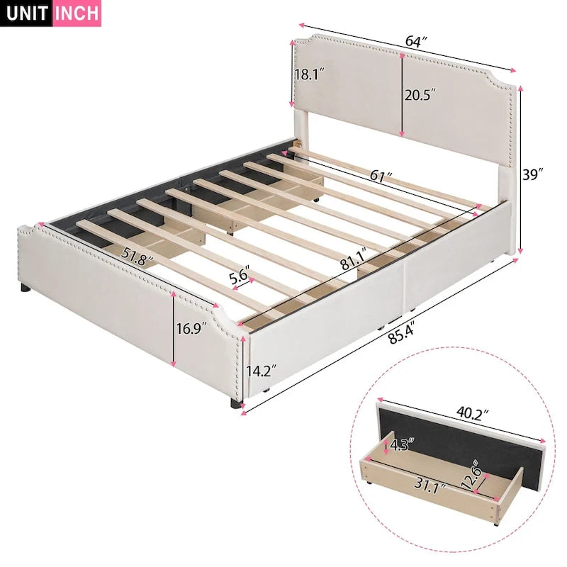Lit plateforme rembourré avec tête de lit capitonnée, pied de lit et 4 tiroirs de rangement – Tissu velours, sommier tapissier non requis