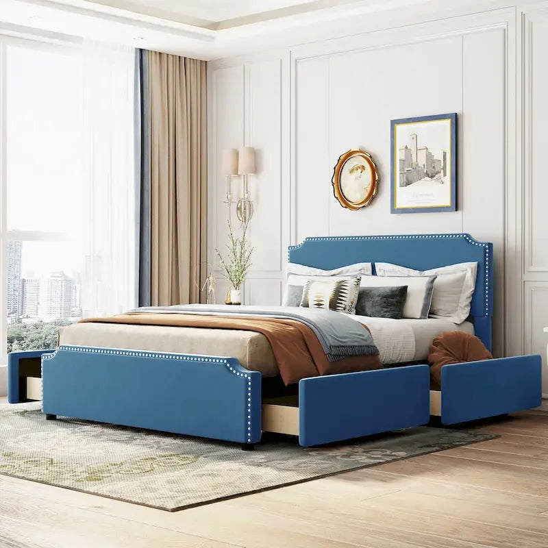 Lit plateforme rembourré avec tête de lit capitonnée, pied de lit et 4 tiroirs de rangement – Tissu velours, sommier tapissier non requis