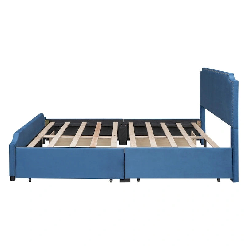 Lit plateforme rembourré avec tête de lit capitonnée, pied de lit et 4 tiroirs de rangement – Tissu velours, sommier tapissier non requis