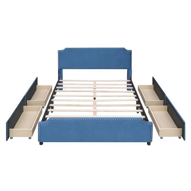 Lit plateforme rembourré avec tête de lit capitonnée, pied de lit et 4 tiroirs de rangement – Tissu velours, sommier tapissier non requis
