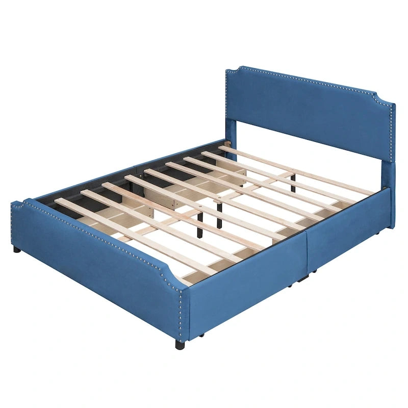 Lit plateforme rembourré avec tête de lit capitonnée, pied de lit et 4 tiroirs de rangement – Tissu velours, sommier tapissier non requis