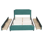 Lit plateforme rembourré avec tête de lit capitonnée, pied de lit et 4 tiroirs de rangement – Tissu velours, sommier tapissier non requis