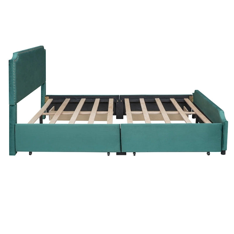 Lit plateforme rembourré avec tête de lit capitonnée, pied de lit et 4 tiroirs de rangement – Tissu velours, sommier tapissier non requis