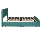 Lit plateforme rembourré avec tête de lit capitonnée, pied de lit et 4 tiroirs de rangement – Tissu velours, sommier tapissier non requis
