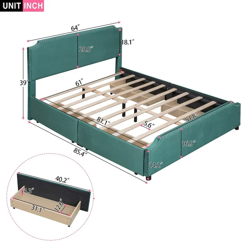 Lit plateforme rembourré avec tête de lit capitonnée, pied de lit et 4 tiroirs de rangement – Tissu velours, sommier tapissier non requis