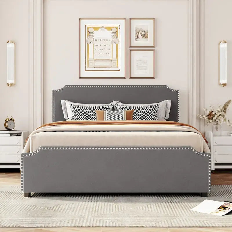 Lit plateforme rembourré avec tête de lit capitonnée, pied de lit et 4 tiroirs de rangement – Tissu velours, sommier tapissier non requis