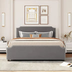 Lit plateforme rembourré avec tête de lit capitonnée, pied de lit et 4 tiroirs de rangement – Tissu velours, sommier tapissier non requis