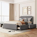 Lit plateforme rembourré avec tête de lit capitonnée, pied de lit et 4 tiroirs de rangement – Tissu velours, sommier tapissier non requis