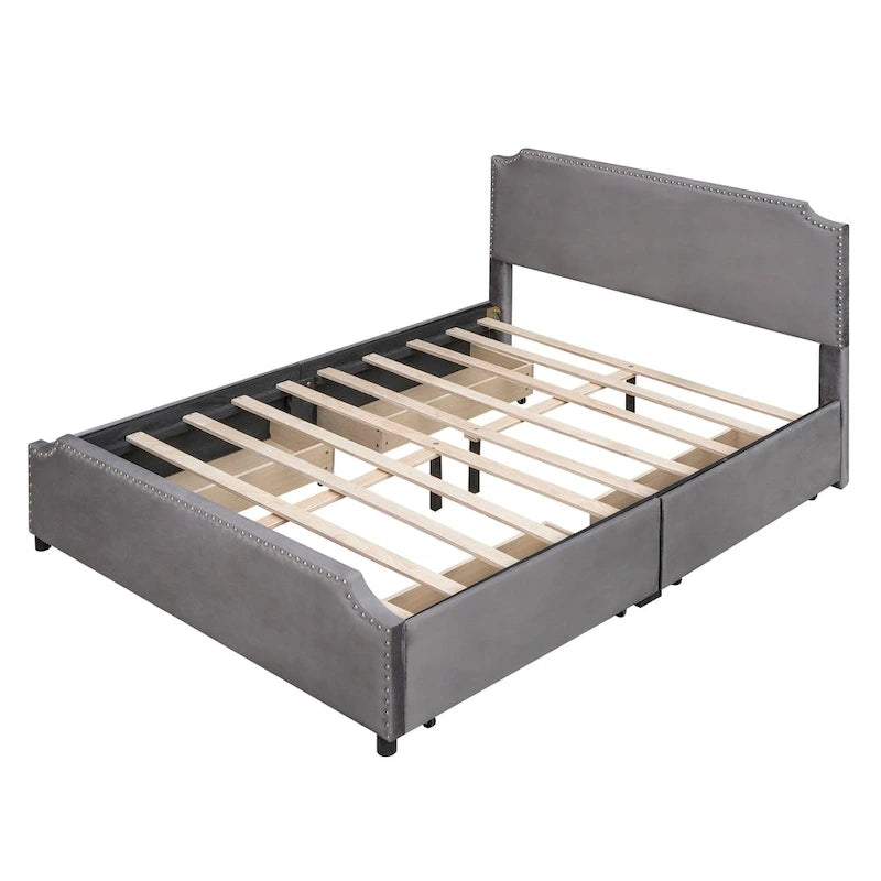 Lit plateforme rembourré avec tête de lit capitonnée, pied de lit et 4 tiroirs de rangement – Tissu velours, sommier tapissier non requis