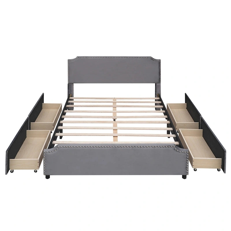 Lit plateforme rembourré avec tête de lit capitonnée, pied de lit et 4 tiroirs de rangement – Tissu velours, sommier tapissier non requis