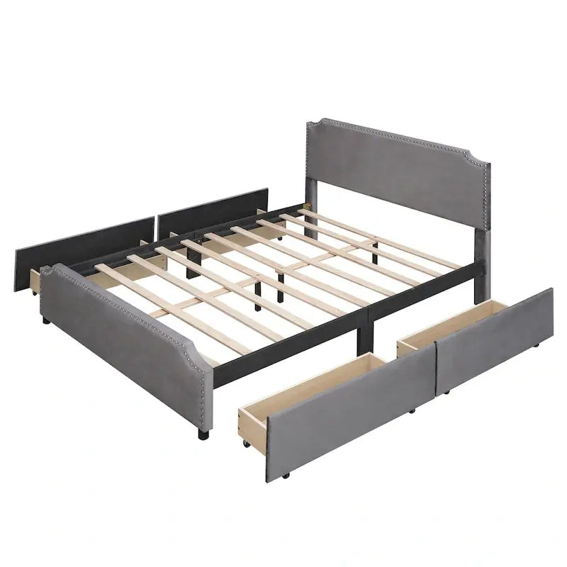 Lit plateforme rembourré avec tête de lit capitonnée, pied de lit et 4 tiroirs de rangement – Tissu velours, sommier tapissier non requis