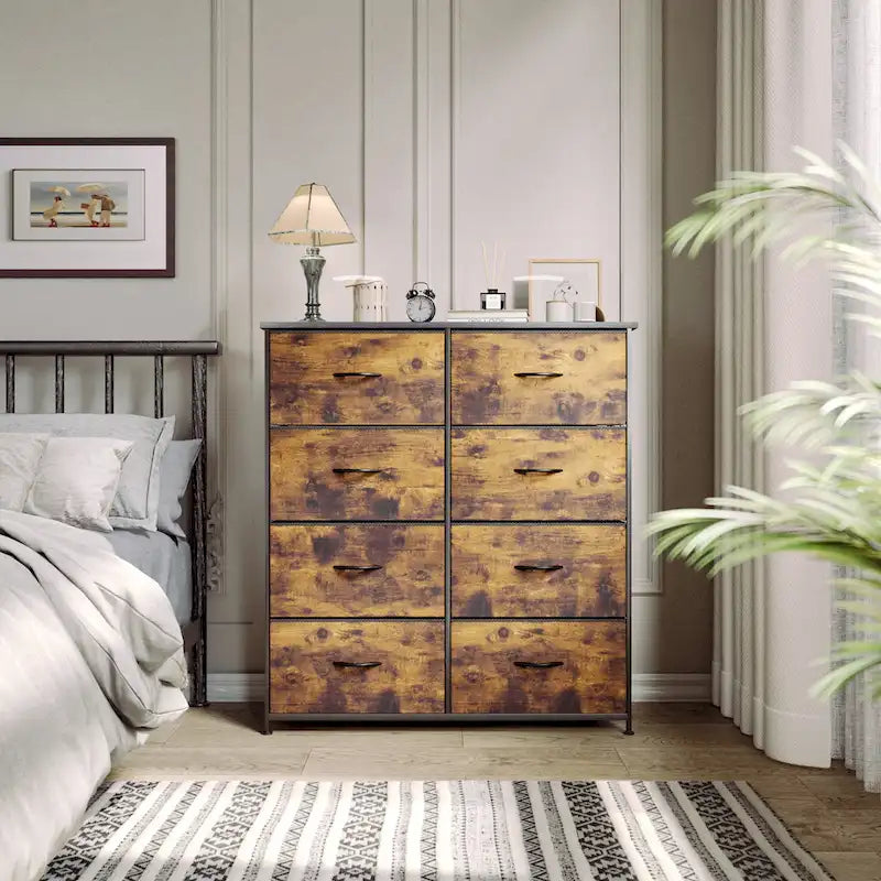 Commode en tissu à 8 tiroirs avec cadre en acier et plateau en bois