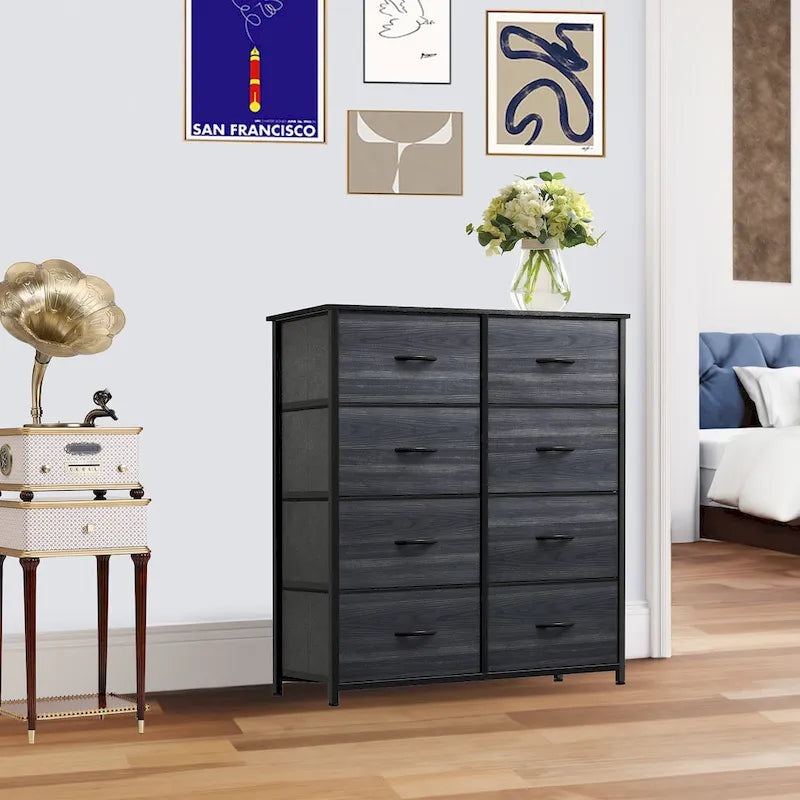 Commode en tissu à 8 tiroirs avec cadre en acier et plateau en bois