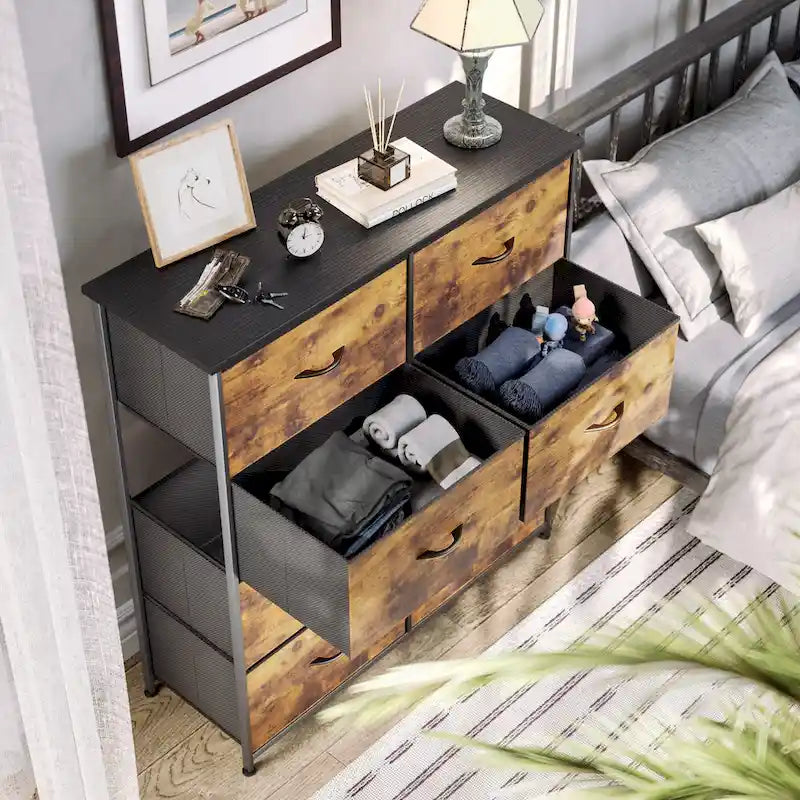 Commode en tissu à 8 tiroirs avec cadre en acier et plateau en bois
