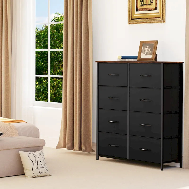 Commode en tissu à 8 tiroirs avec cadre en acier et plateau en bois