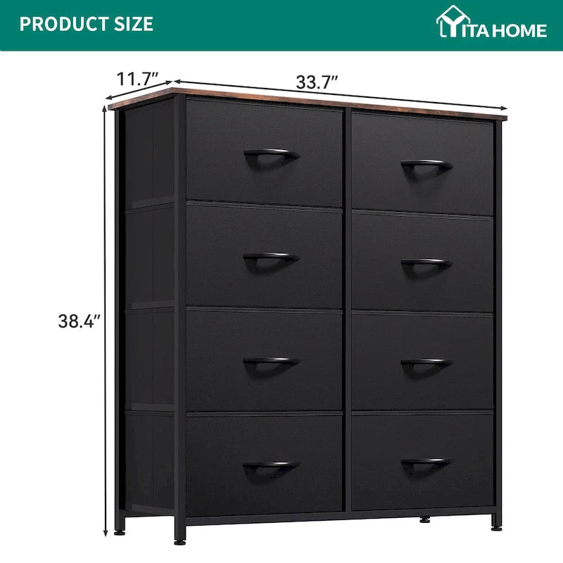 Commode en tissu à 8 tiroirs avec cadre en acier et plateau en bois