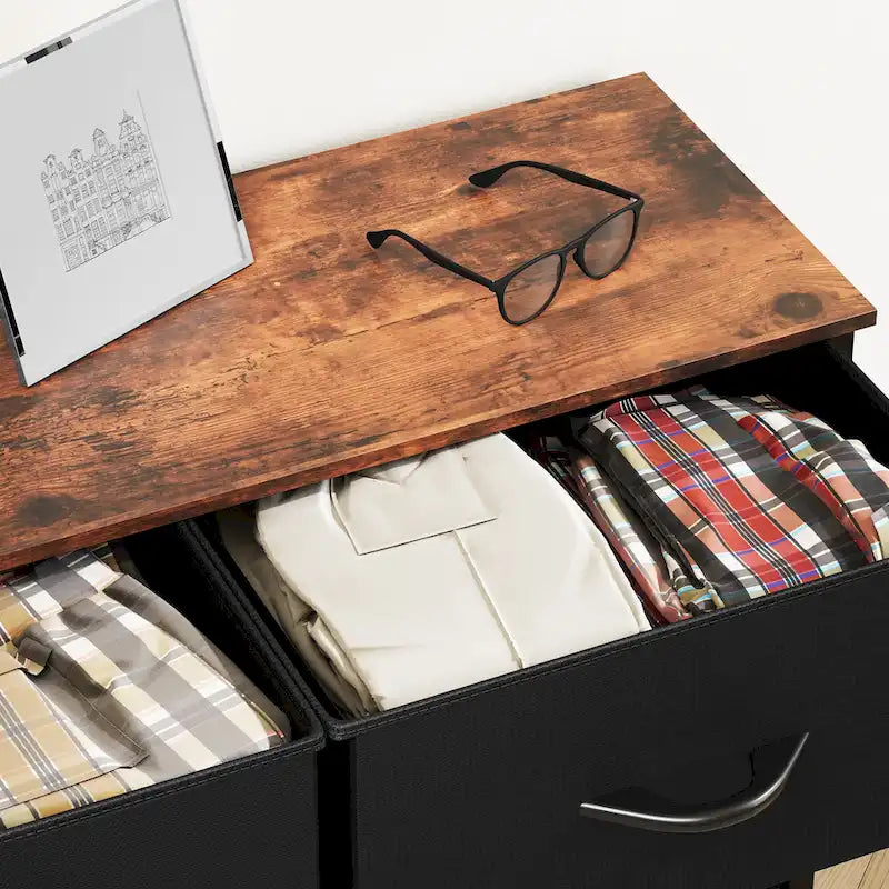 Commode en tissu à 8 tiroirs avec cadre en acier et plateau en bois