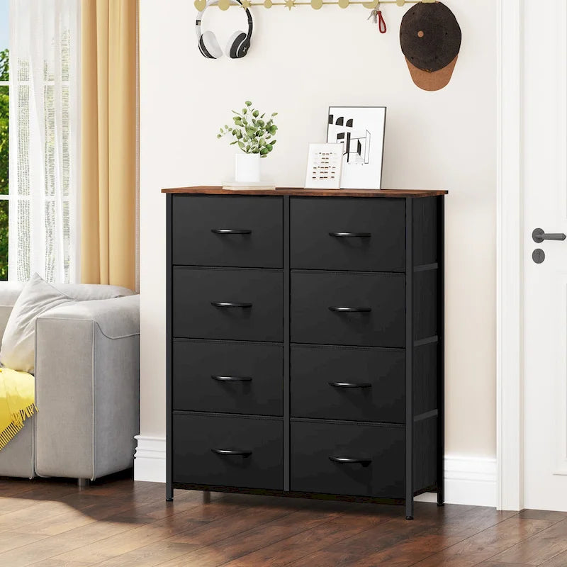 Commode en tissu à 8 tiroirs avec cadre en acier et plateau en bois