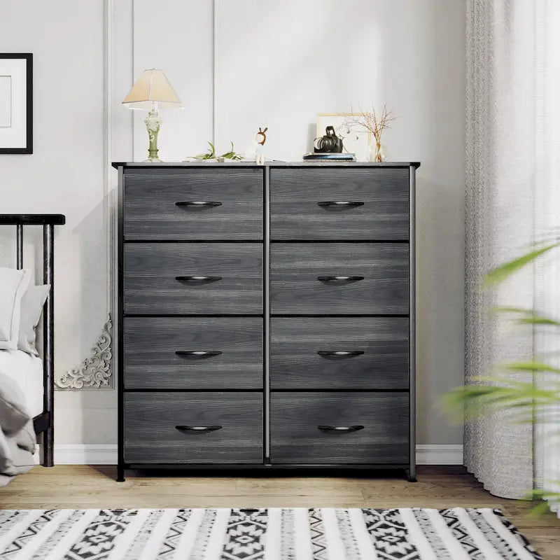 Commode en tissu à 8 tiroirs avec cadre en acier et plateau en bois