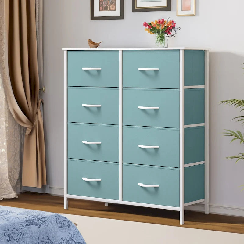 Commode en tissu à 8 tiroirs avec cadre en acier et plateau en bois