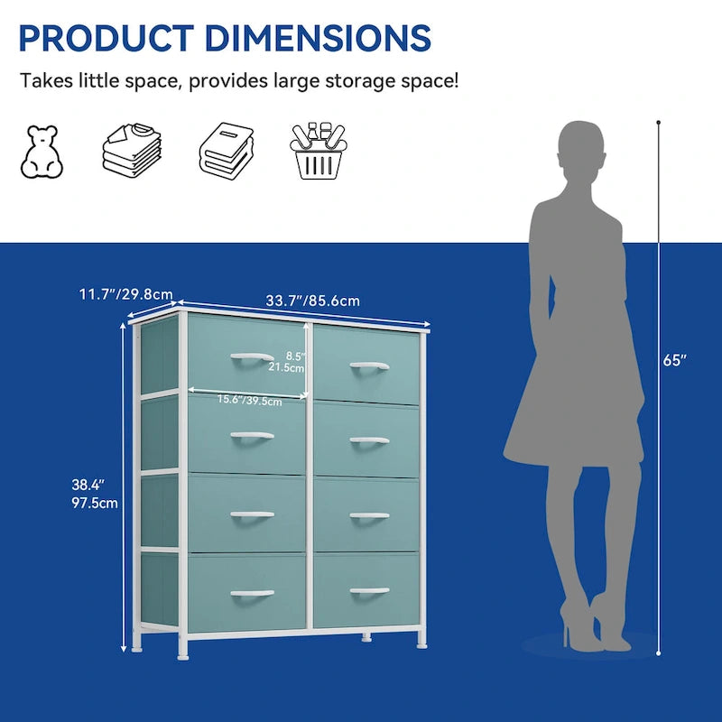 Commode en tissu à 8 tiroirs avec cadre en acier et plateau en bois