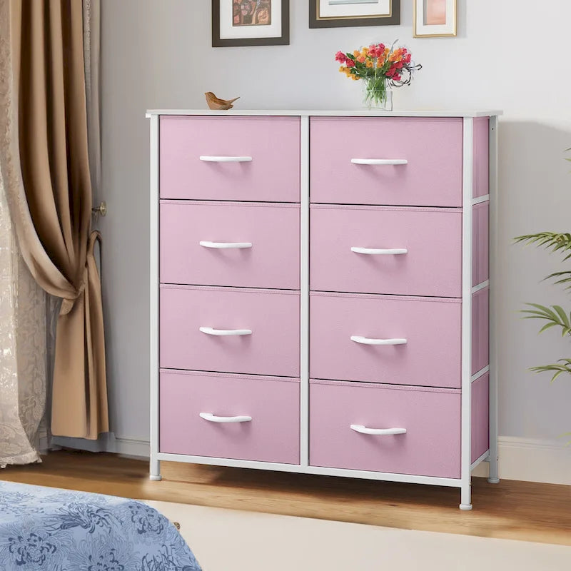 Commode en tissu à 8 tiroirs avec cadre en acier et plateau en bois
