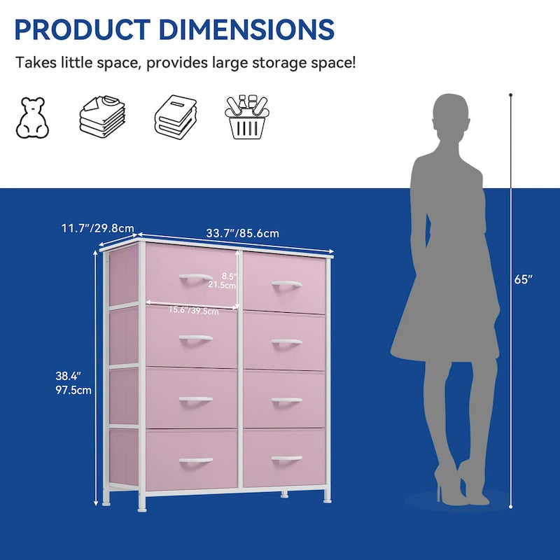 Commode en tissu à 8 tiroirs avec cadre en acier et plateau en bois