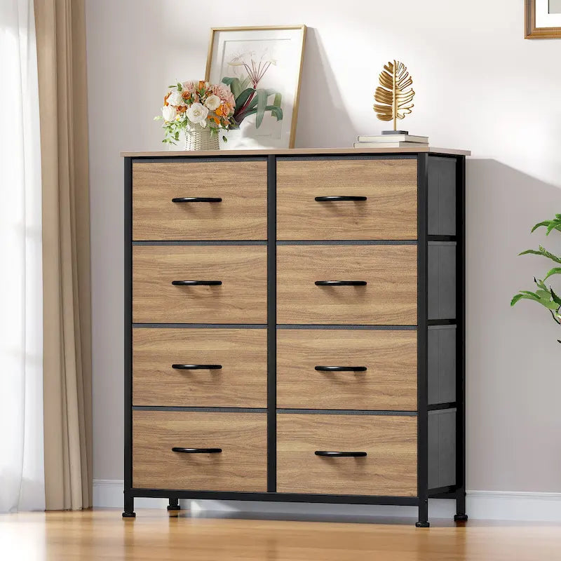Commode en tissu à 8 tiroirs avec cadre en acier et plateau en bois