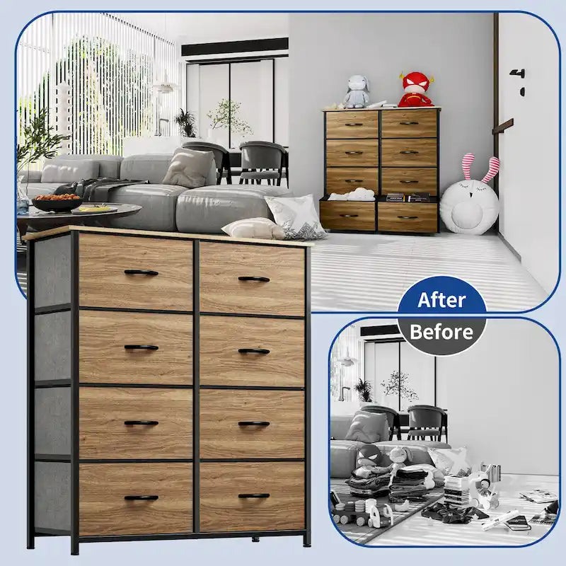 Commode en tissu à 8 tiroirs avec cadre en acier et plateau en bois