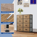 Commode en tissu à 8 tiroirs avec cadre en acier et plateau en bois